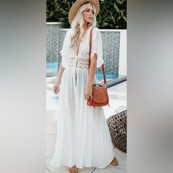 NEW Boho White Lace Beach Dress Coverup with Flutter Sleeves & 2-Tie Front, OS - Picture 1 of 13